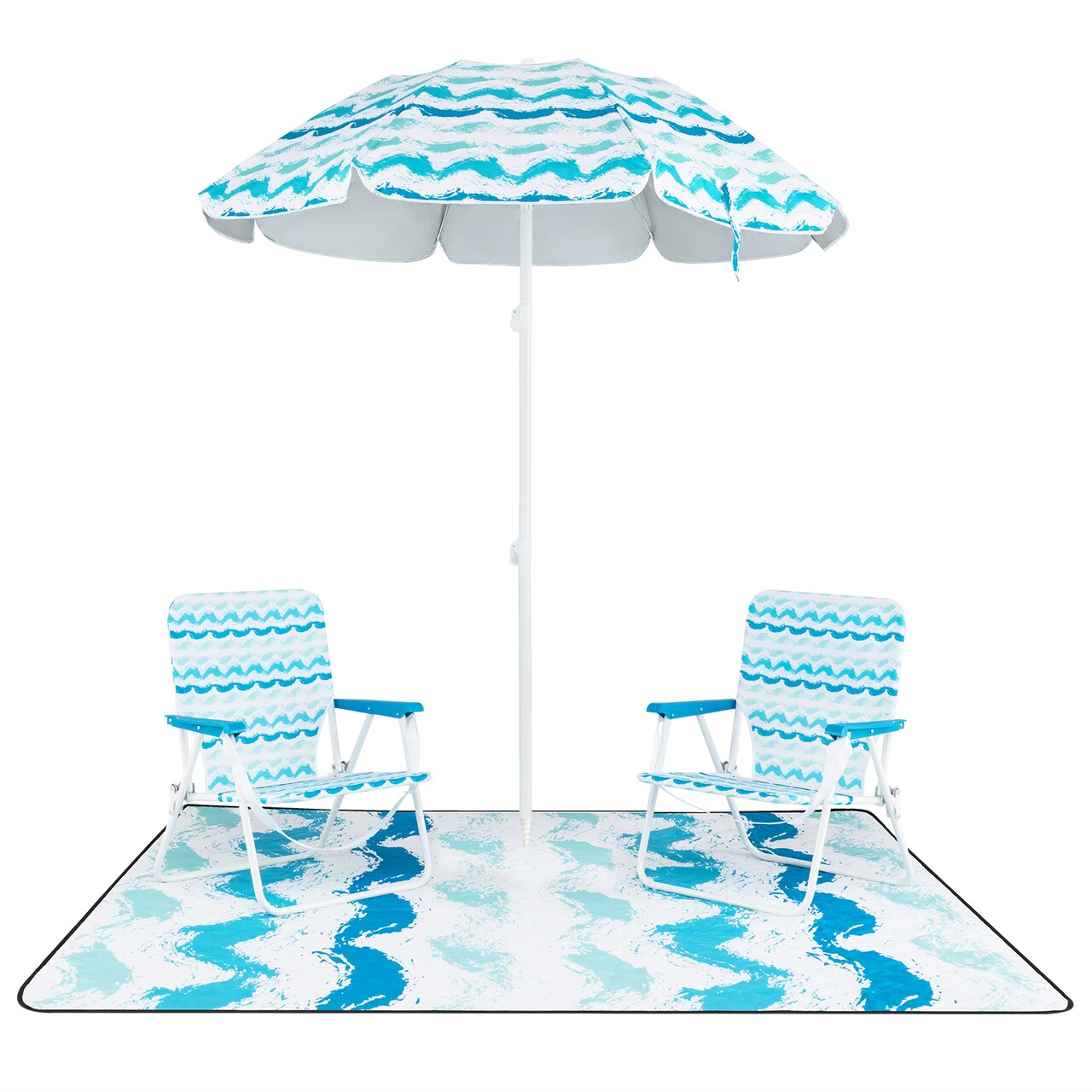 4-Piece Beach Umbrella Set with 2 Foldable Chairs and Picnic Blanket